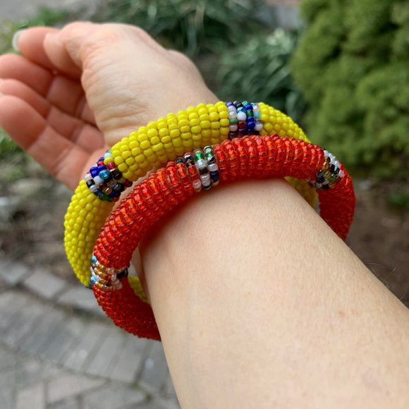 🌷3 for$20🌷2 African Style Beaded Orange & Yellow Bangle Seed Bead Bracelet - Picture 2 of 7